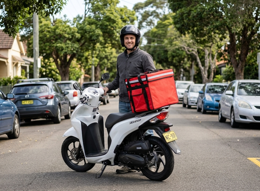 Food delivery rider using a rental scooter in Sydney